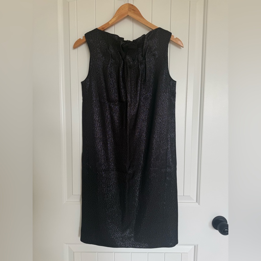 Vince Metallic Black Sleeveless Pleated Neck Shift Mini Dress Size 2 Pockets
